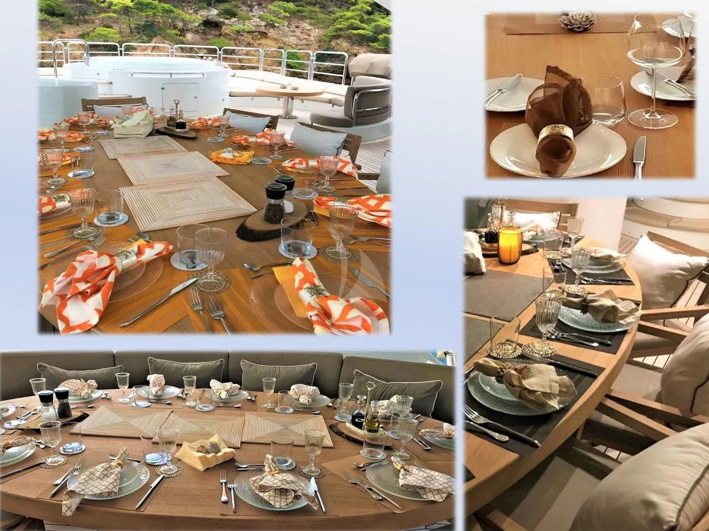 a table with plates and glasses on it aboard GRANDE AMORE Yacht for Charter