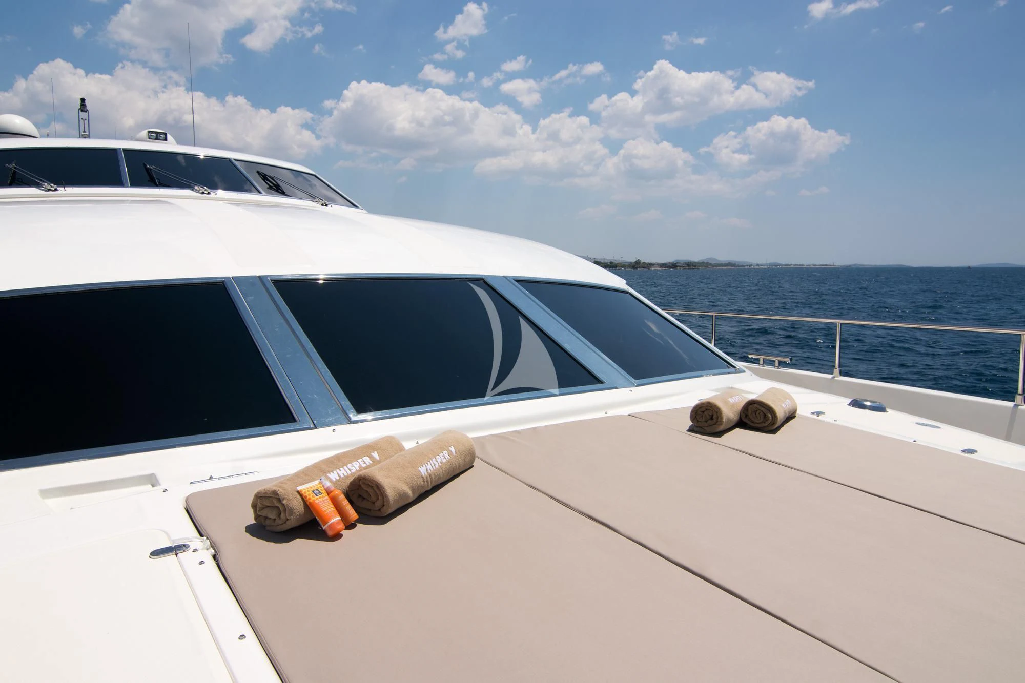 the front of a white car aboard WHISPER V Yacht for Sale