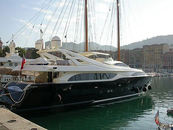 a boat docked at a pier aboard WHISPER V Yacht for Sale