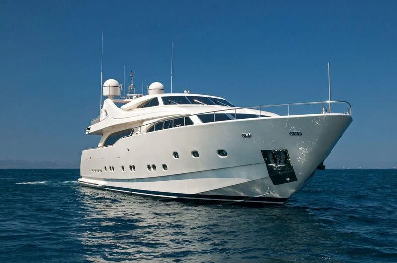 a white yacht in the water aboard WHISPER V Yacht for Sale
