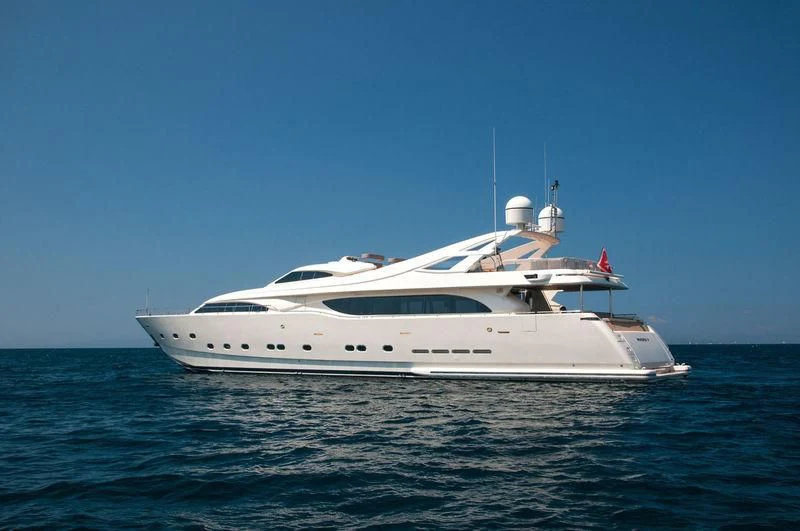 a white yacht in the water aboard WHISPER V Yacht for Sale