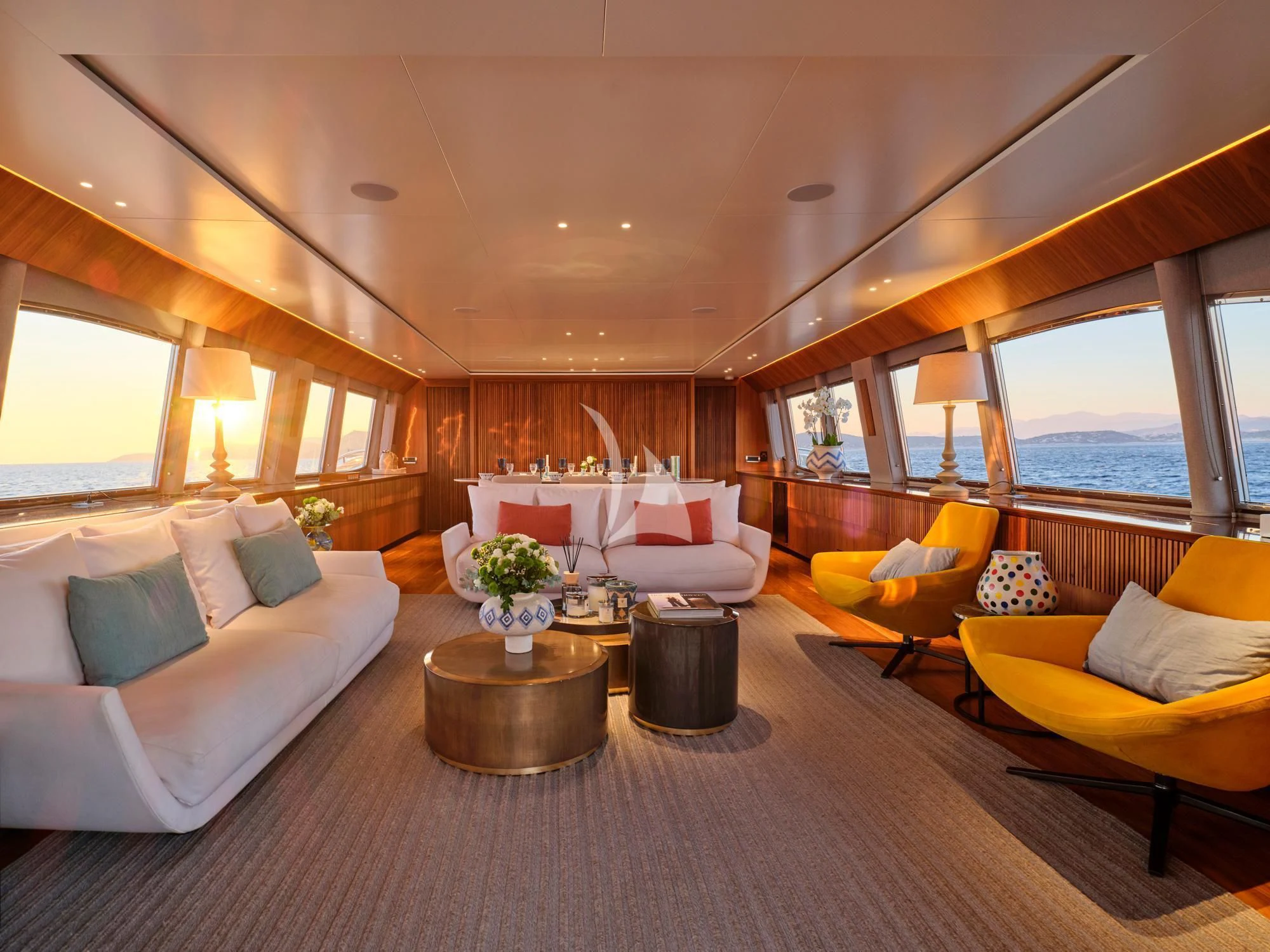 a living room with a large window aboard WHISPER V Yacht for Sale