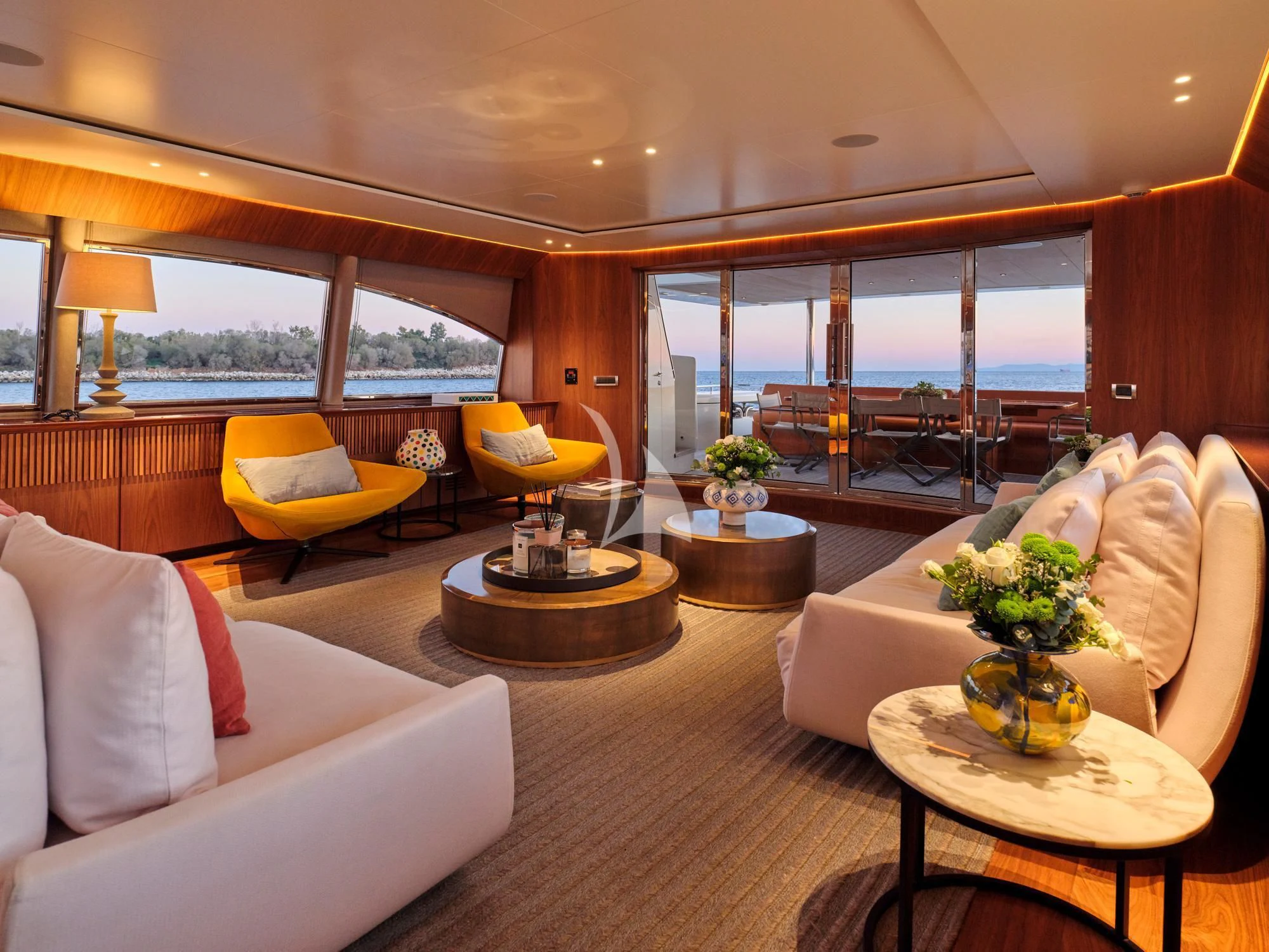 a living room with a large window aboard WHISPER V Yacht for Sale