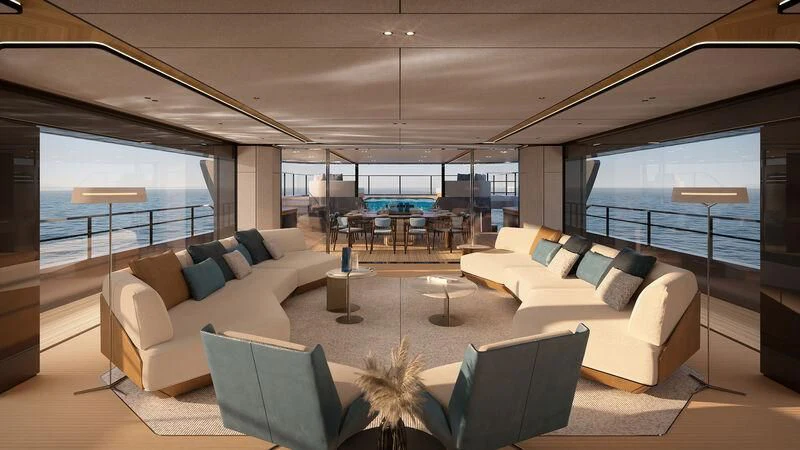 a living room with a large balcony aboard AZIMUT GRANDE 44M/03 Yacht for Sale