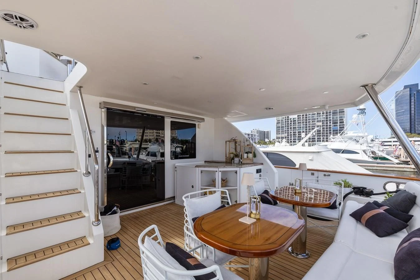 a living room with a large window aboard RELENTLESS Yacht for Sale