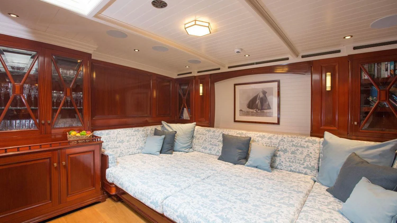 a large bed in a room aboard RAINBOW Yacht for Sale