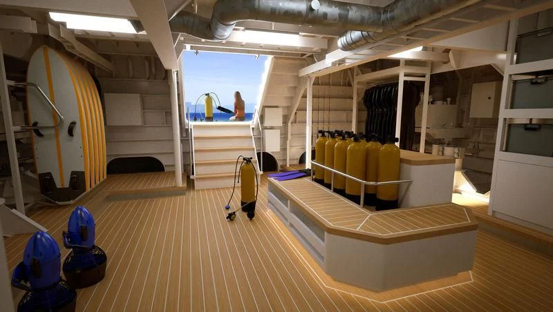a room with a large mirror and a bench aboard POWER PLAY Yacht for Sale
