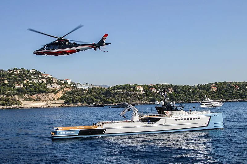 a helicopter flying over a boat aboard POWER PLAY Yacht for Sale
