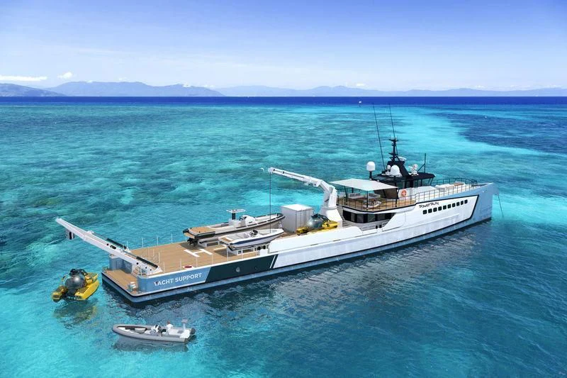 a large ship in the water aboard POWER PLAY Yacht for Sale