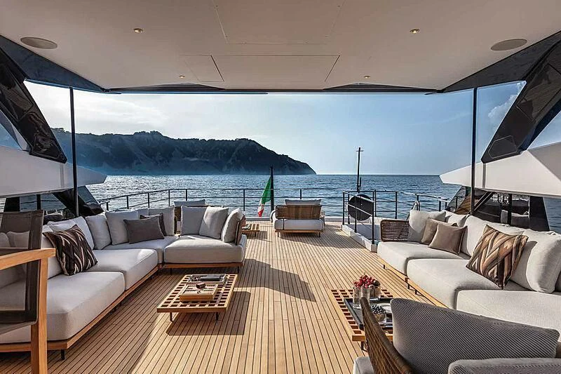 a living room with a large body of water aboard RINO Yacht for Sale