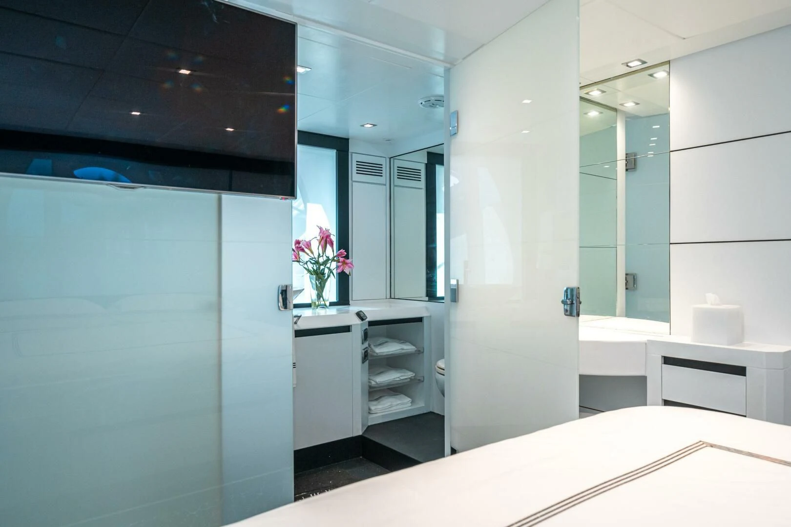 a room with a counter and cabinets aboard HAWK Yacht for Charter