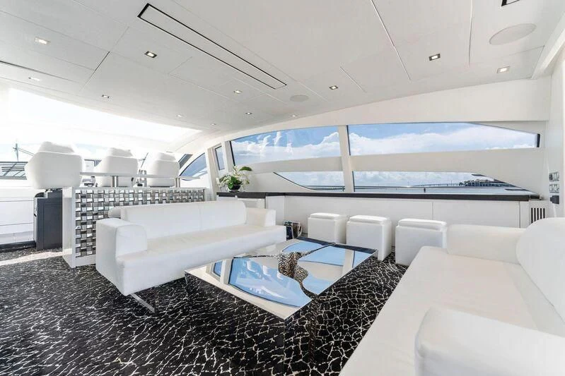 a room with a large white couch and a large screen aboard HAWK Yacht for Charter