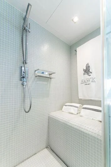 a shower with a fish mural aboard HAWK Yacht for Charter