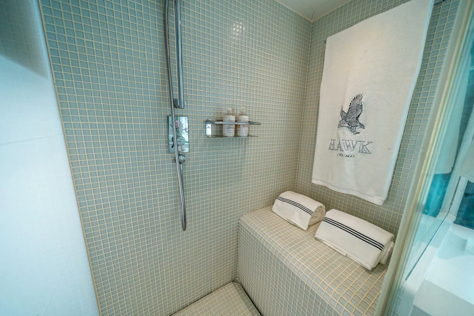 a bathroom with a shower aboard HAWK Yacht for Charter