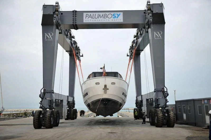 a large white boat with a large metal frame aboard D&B Yacht for Sale