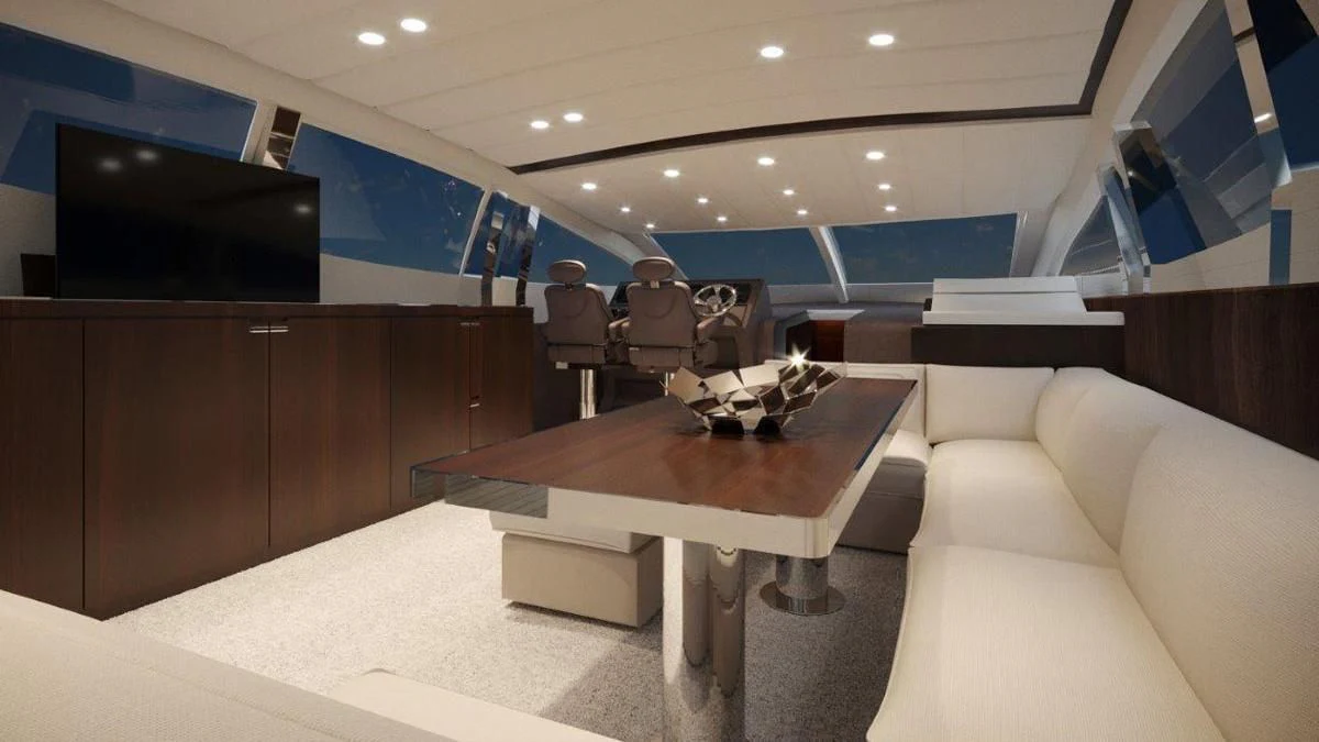 a room with a table and a tv aboard ONE DAY Yacht for Sale