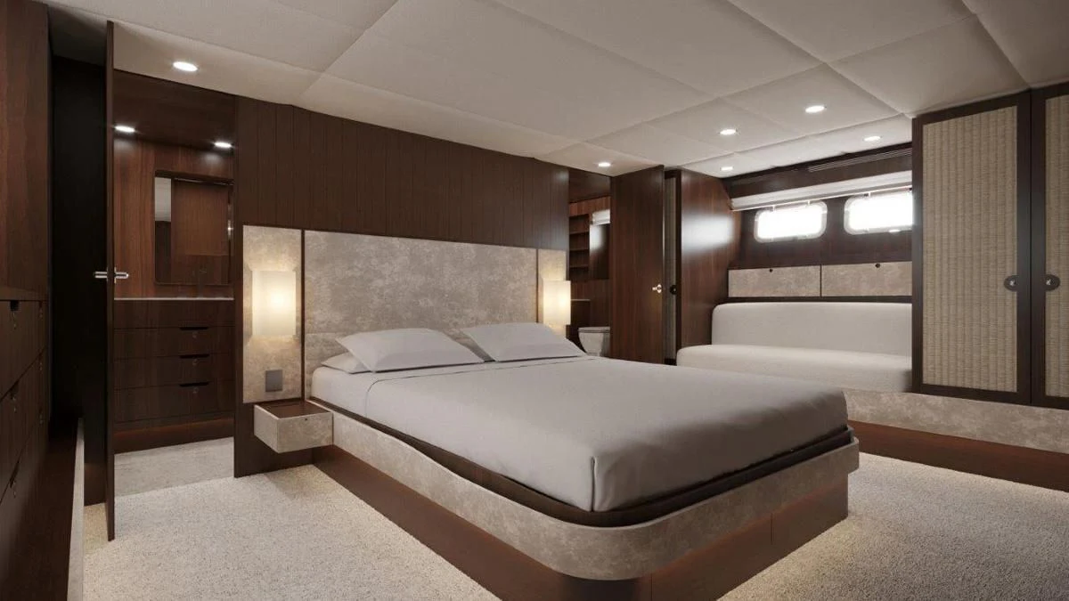 a large bedroom with a large bed aboard ONE DAY Yacht for Sale