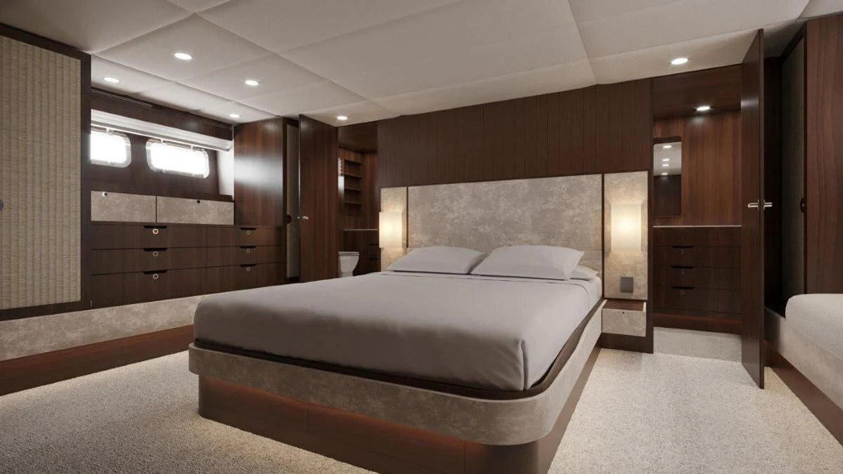 a large bedroom with a large bed aboard ONE DAY Yacht for Sale