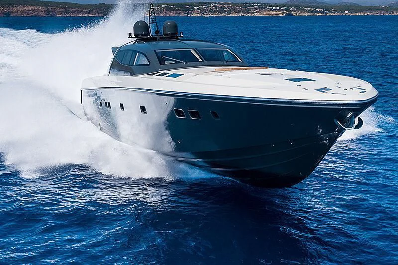a white yacht with smoke coming out of it aboard ONE DAY Yacht for Sale
