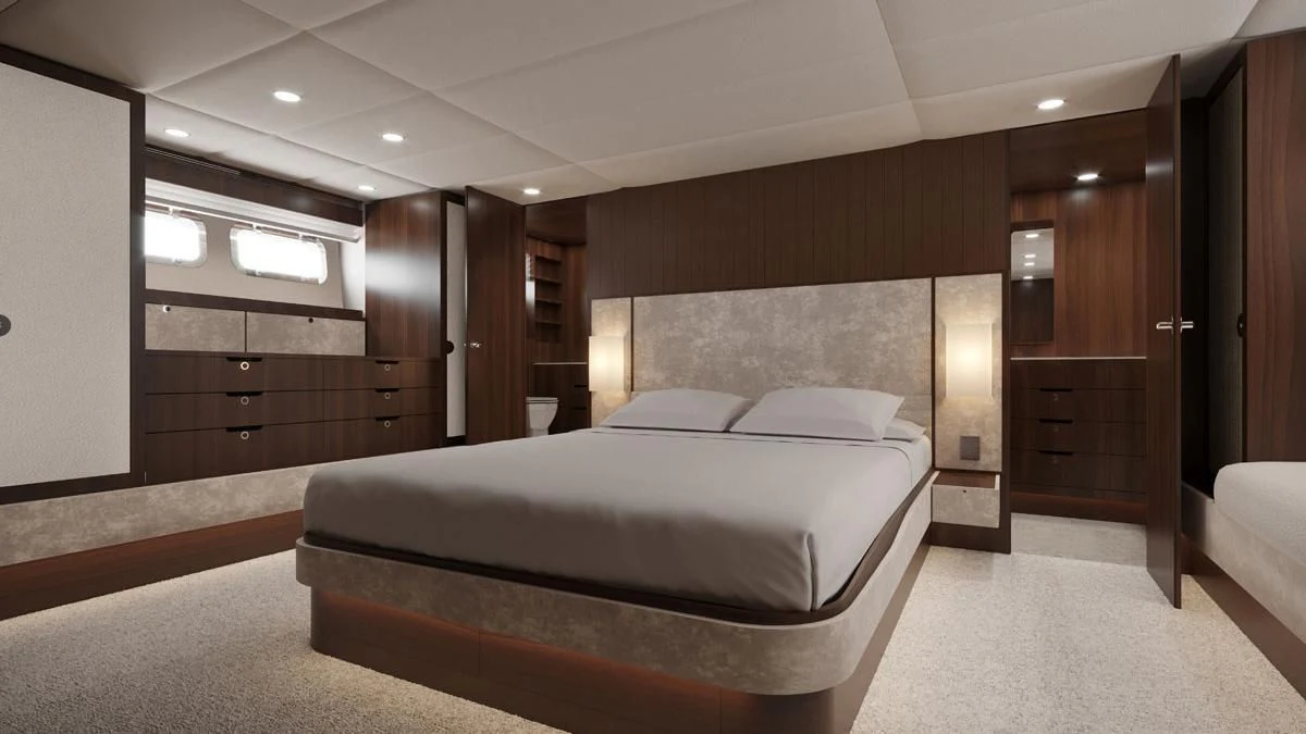 a large bedroom with a large bed aboard ONE DAY Yacht for Sale