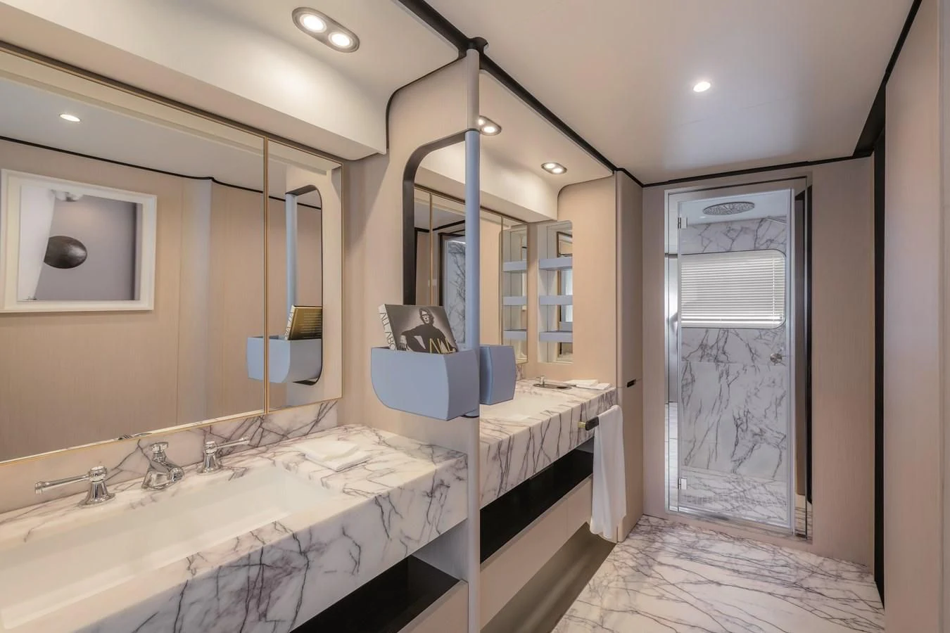 a room with a bed and a mirror aboard LA MAMA Yacht for Sale