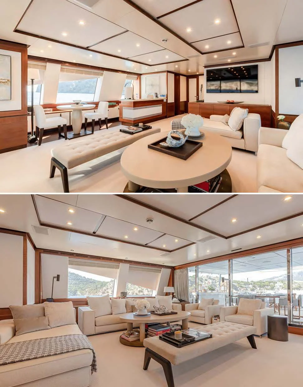 a modern looking living room aboard NEW WAVES Yacht for Sale