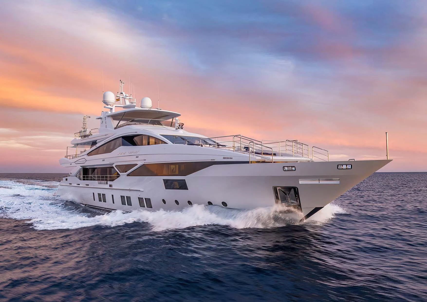 a large white boat on the water aboard NEW WAVES Yacht for Sale