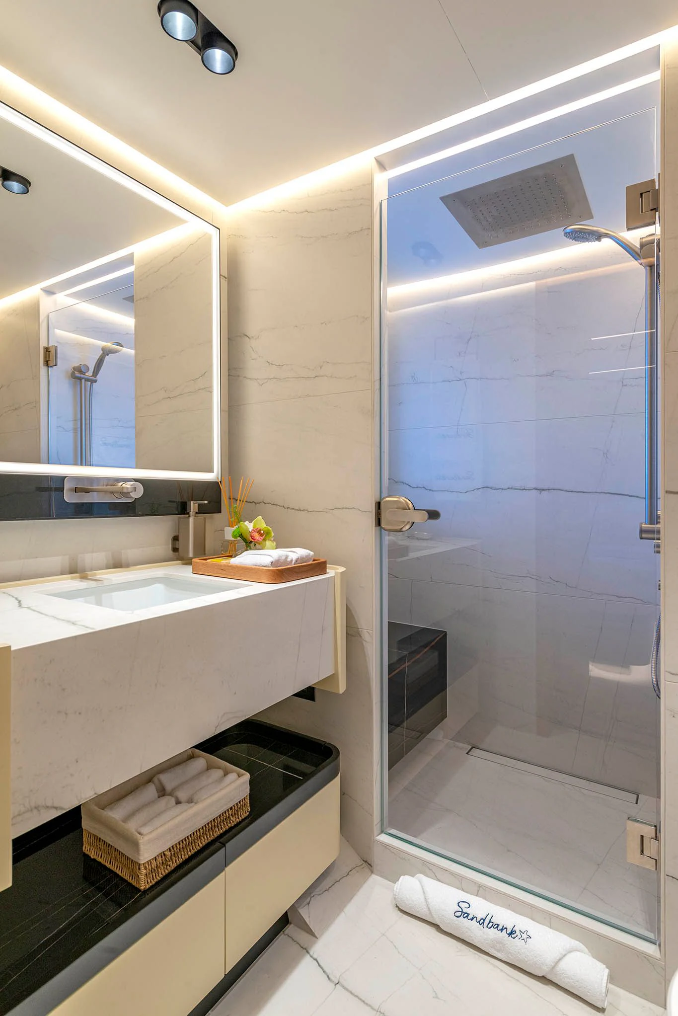 a bathroom with a sink and a shower aboard ALKHADRA Yacht for Charter