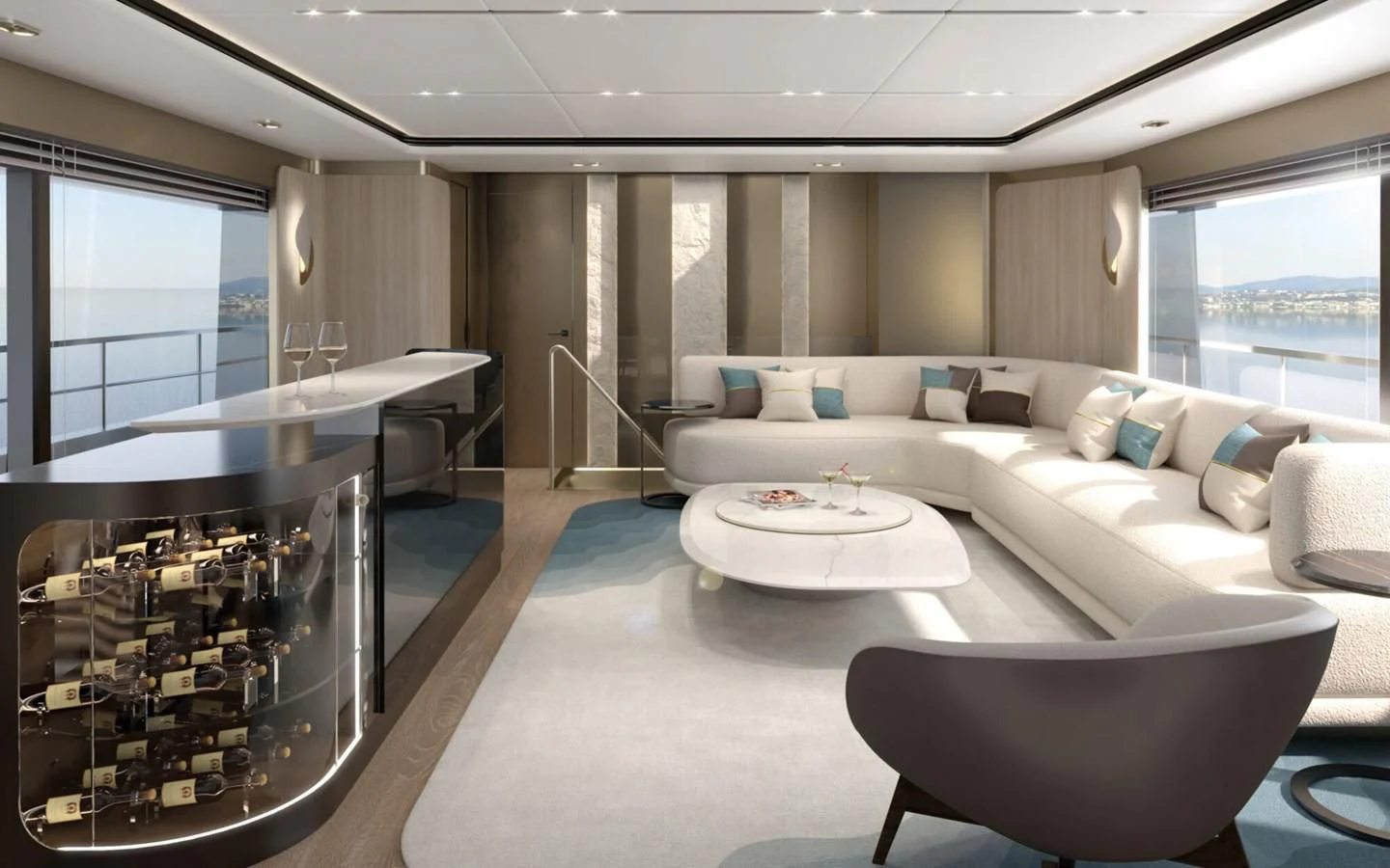 a living room with a large white sofa and a large window aboard ALKHADRA Yacht for Charter
