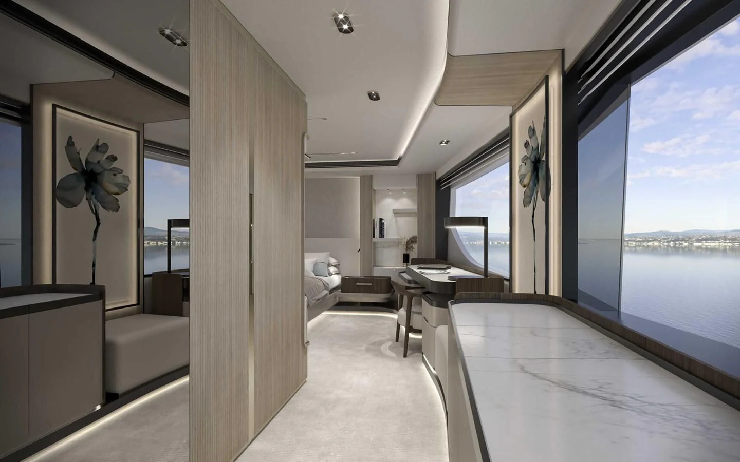 a room with a large window and a view of the water aboard ALKHADRA Yacht for Charter