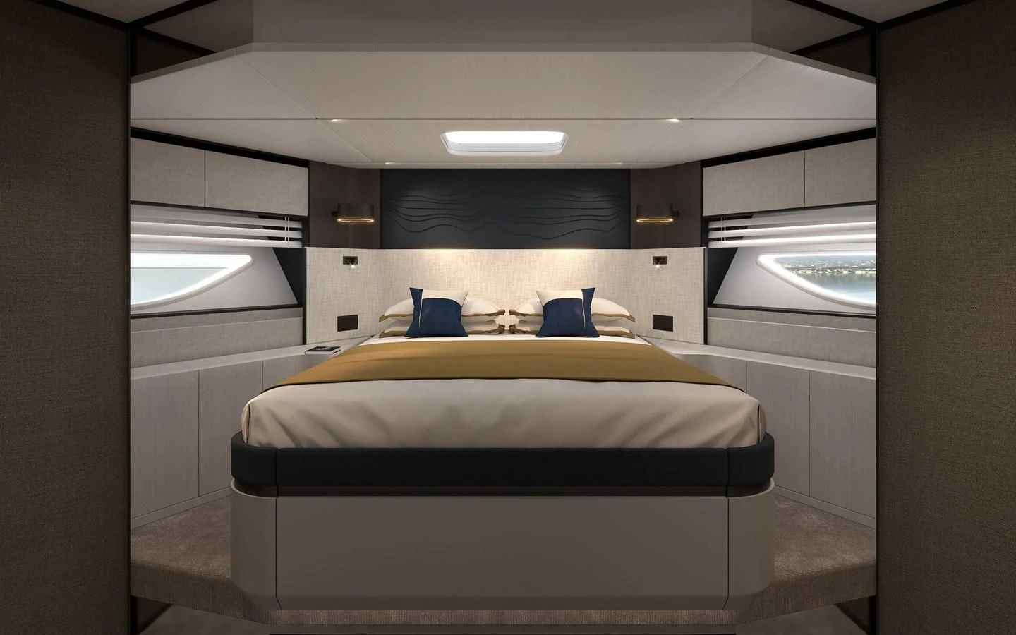 a room with a bed and a window aboard ALKHADRA Yacht for Charter