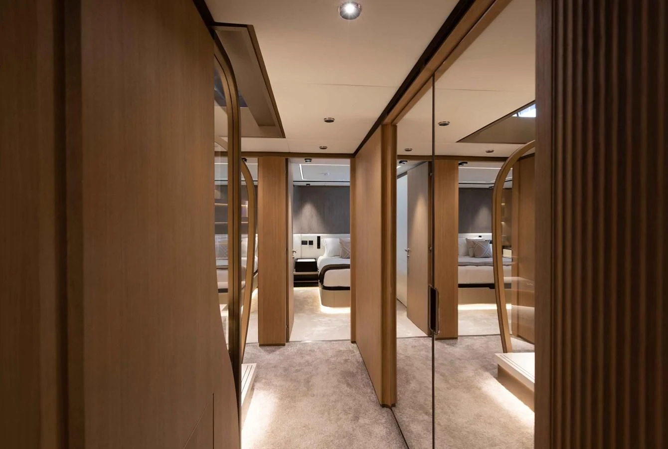a hallway with a white couch aboard ALKHADRA Yacht for Charter