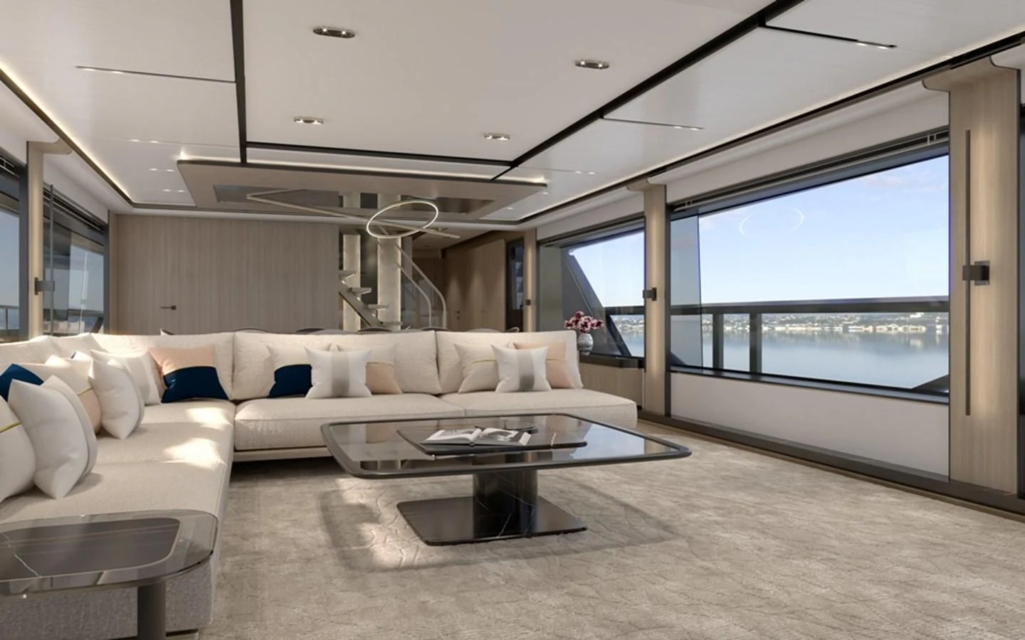 a living room with a large window aboard ALKHADRA Yacht for Charter