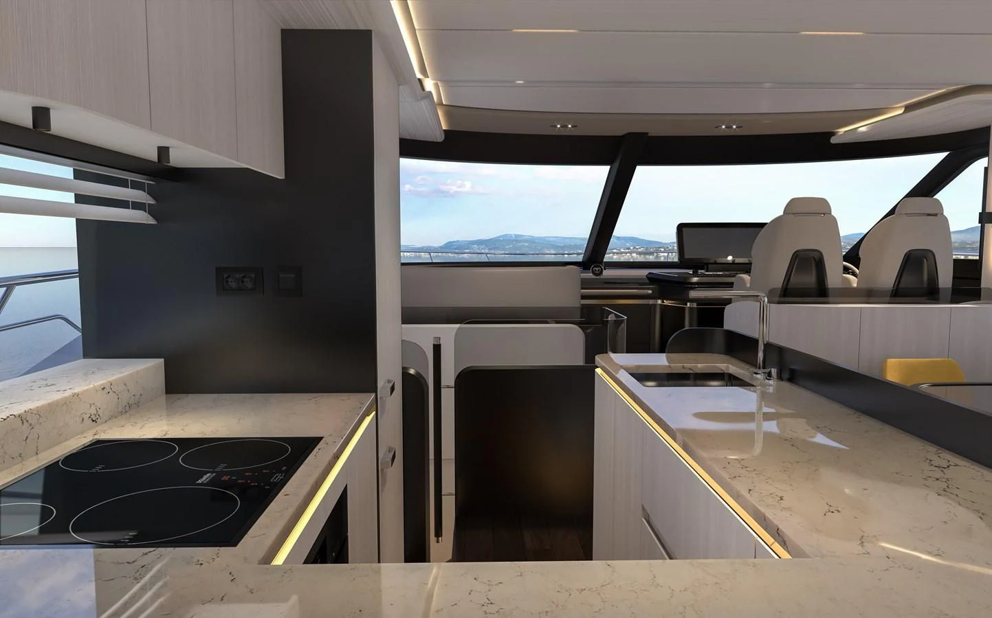 a kitchen with a large window aboard ALKHADRA Yacht for Charter