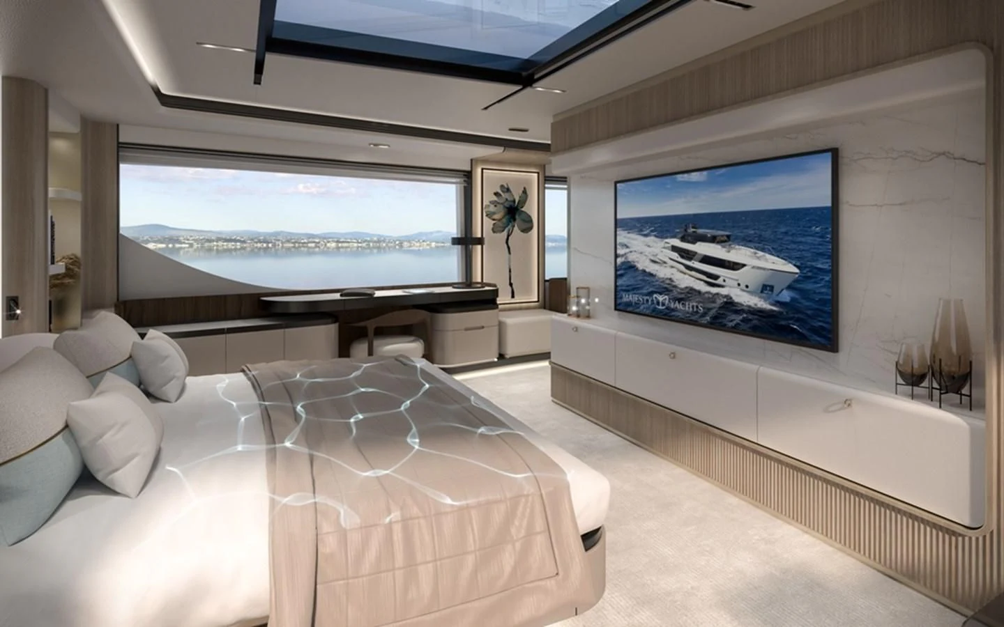 a large white bed in a room aboard ALKHADRA Yacht for Charter