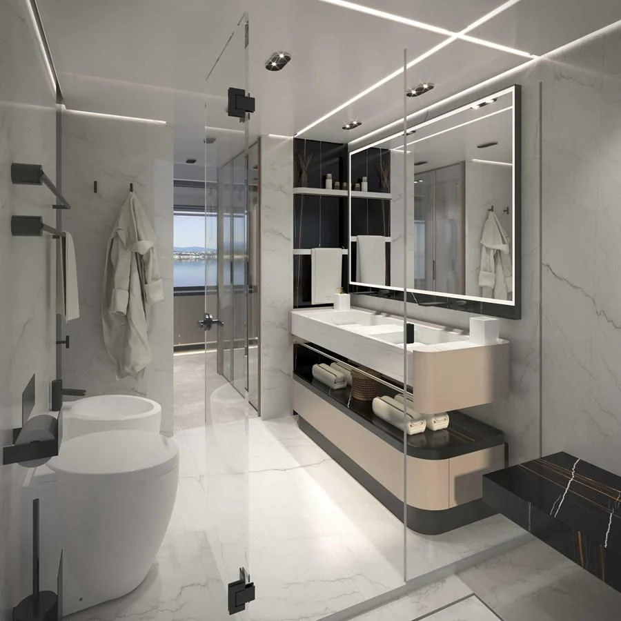 a bathroom with a large mirror aboard ALKHADRA Yacht for Charter