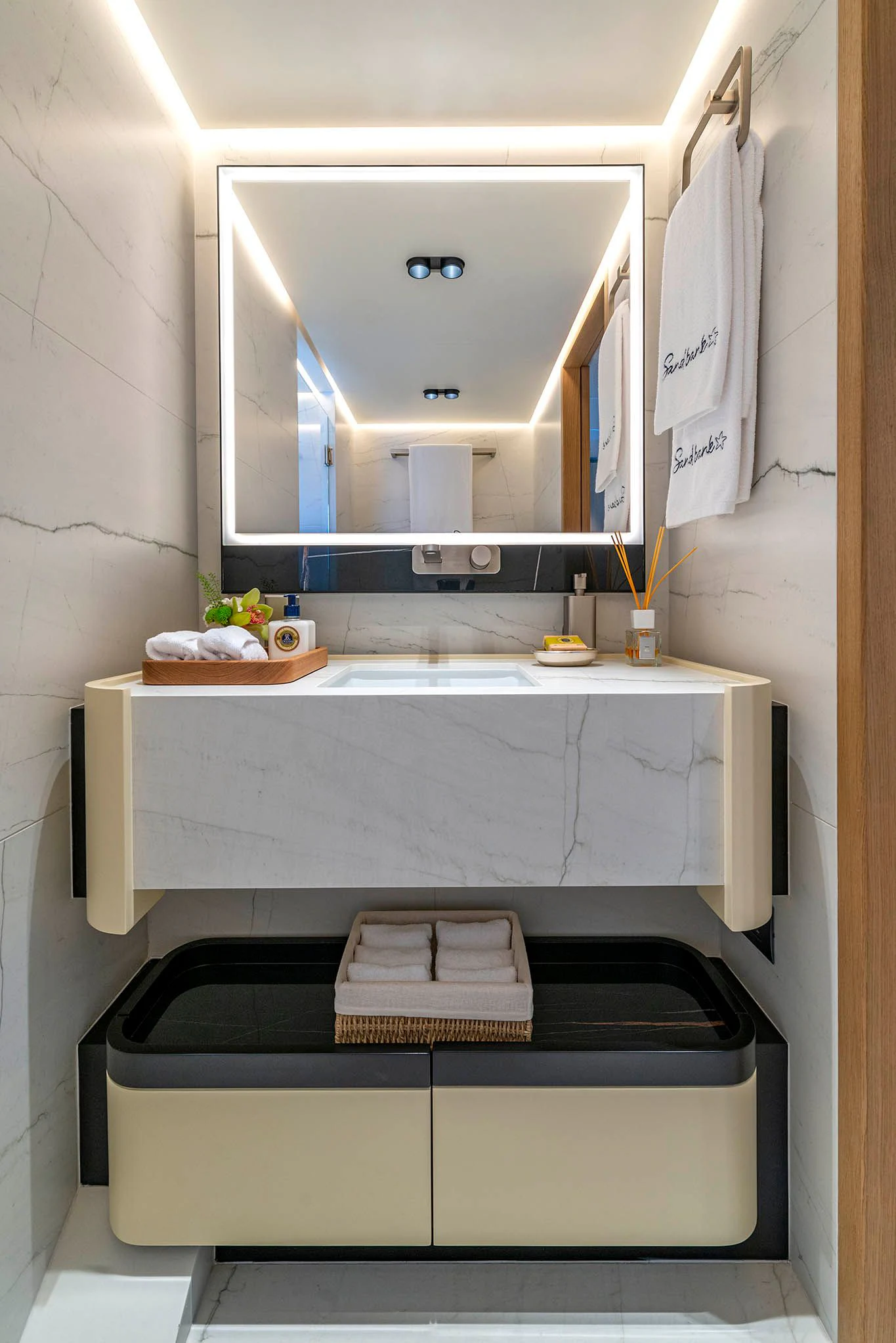 a bathroom with a mirror aboard ALKHADRA Yacht for Charter