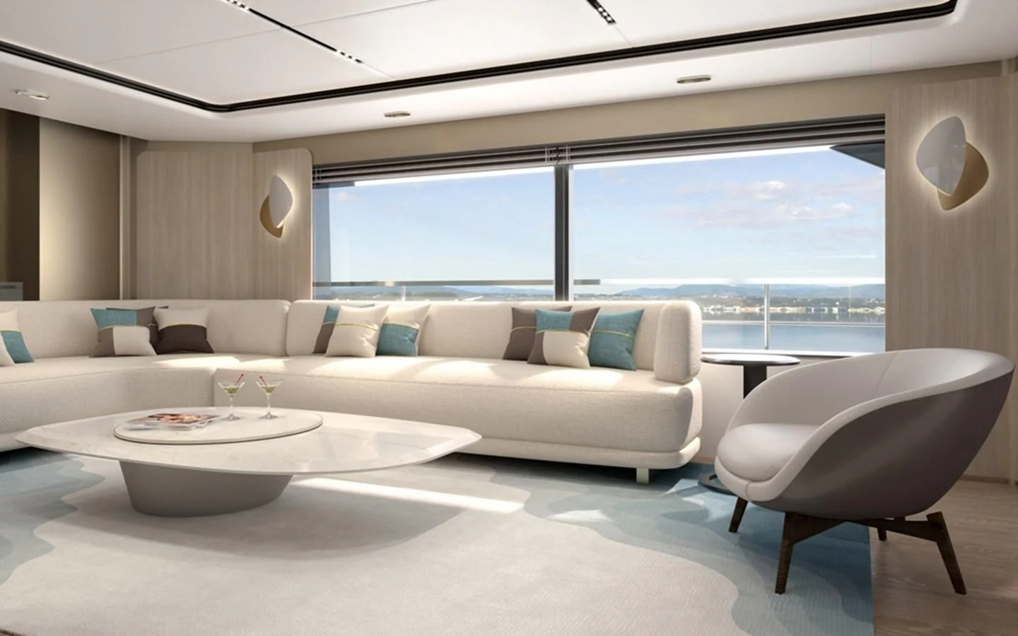 a living room with a large window aboard ALKHADRA Yacht for Charter