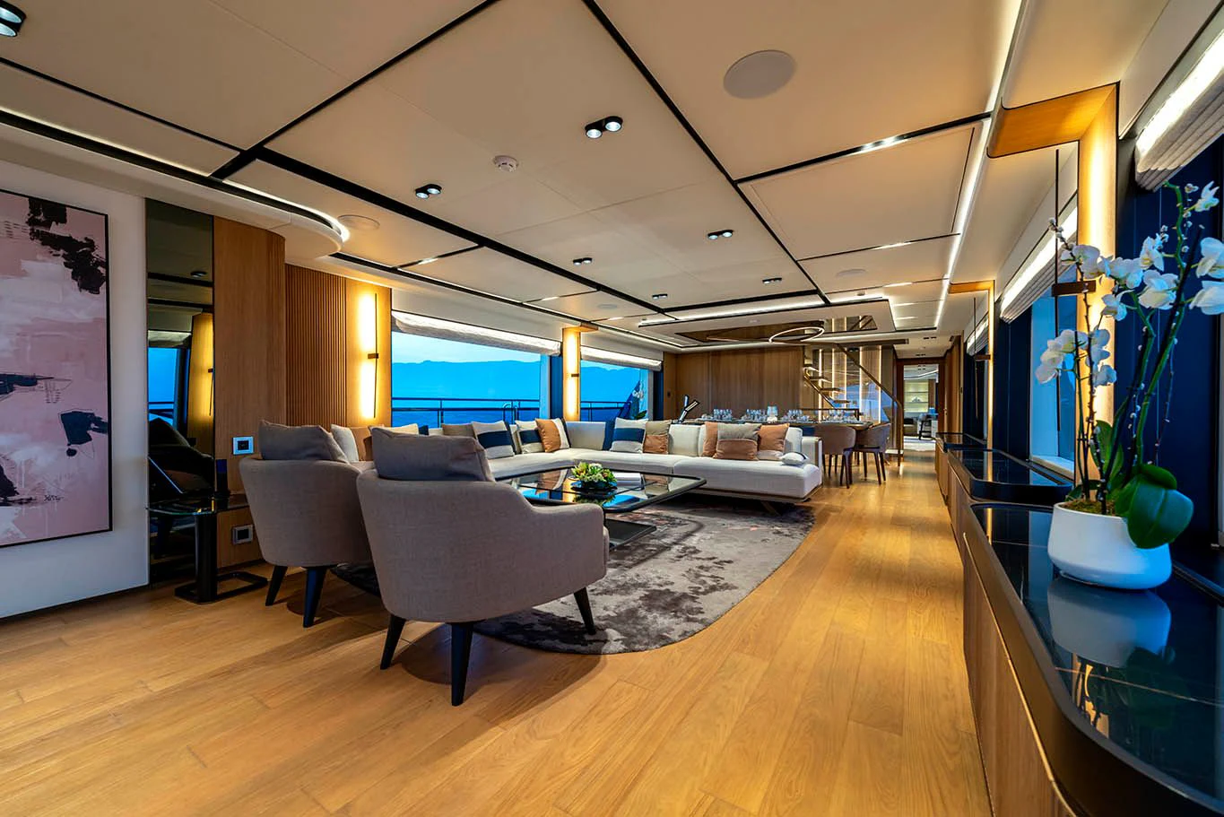 a living room with a large screen aboard ALKHADRA Yacht for Charter