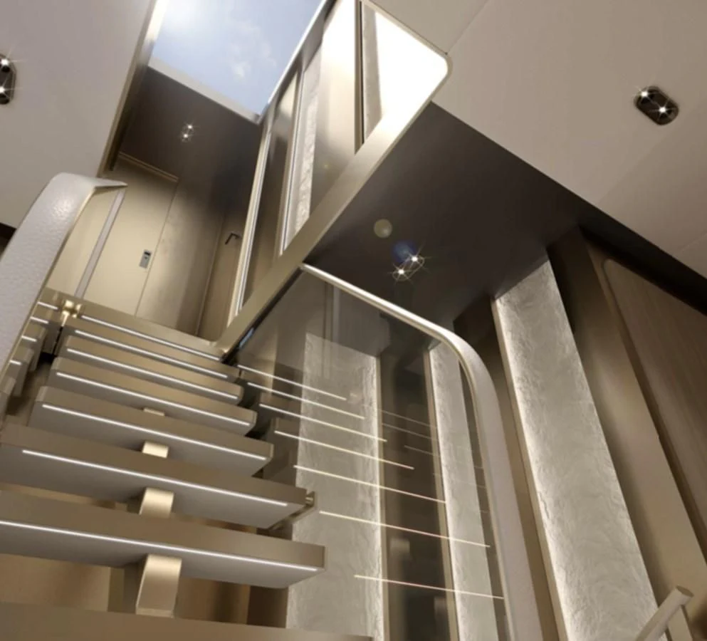 a metal staircase with a glass railing aboard ALKHADRA Yacht for Charter