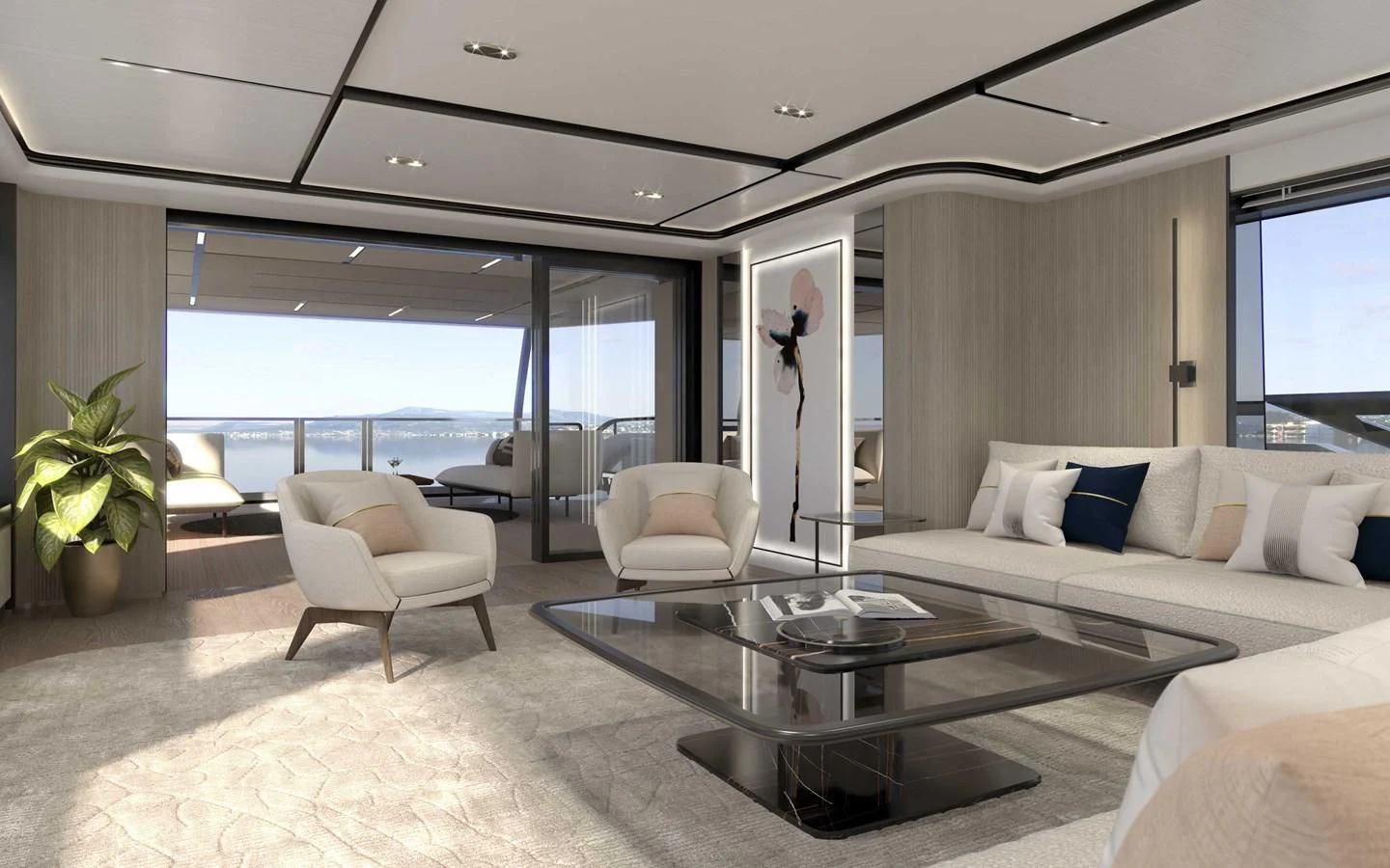 a living room with a large glass coffee table and a large window aboard ALKHADRA Yacht for Charter