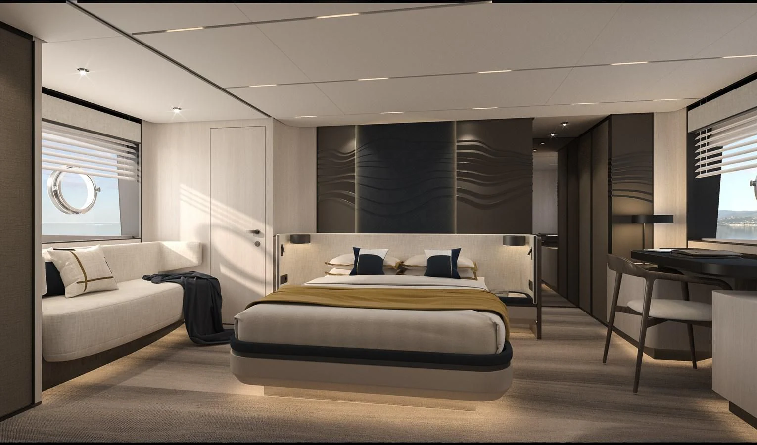 a room with a bed and a couch aboard ALKHADRA Yacht for Charter