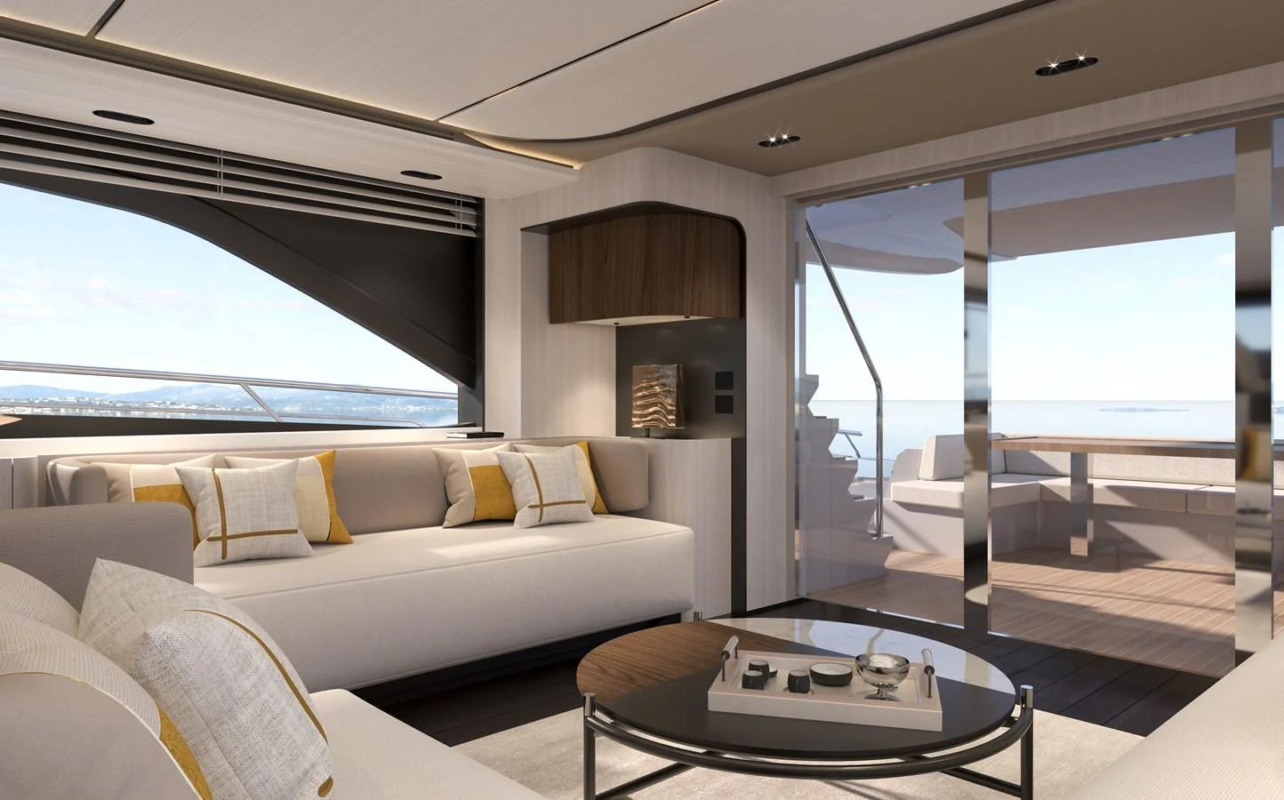 a living room with a large window aboard ALKHADRA Yacht for Charter