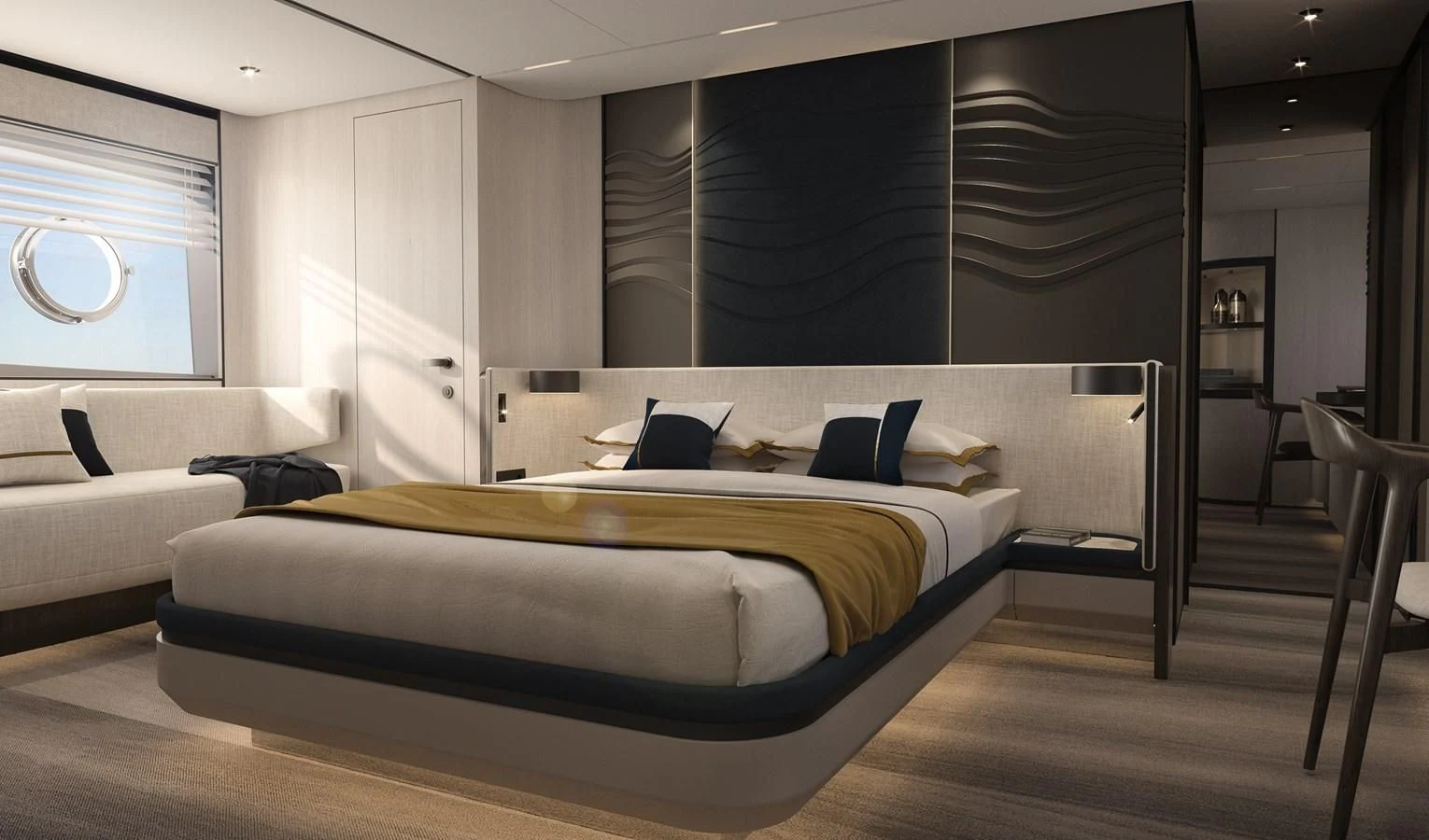 a room with a bed and a couch aboard ALKHADRA Yacht for Charter