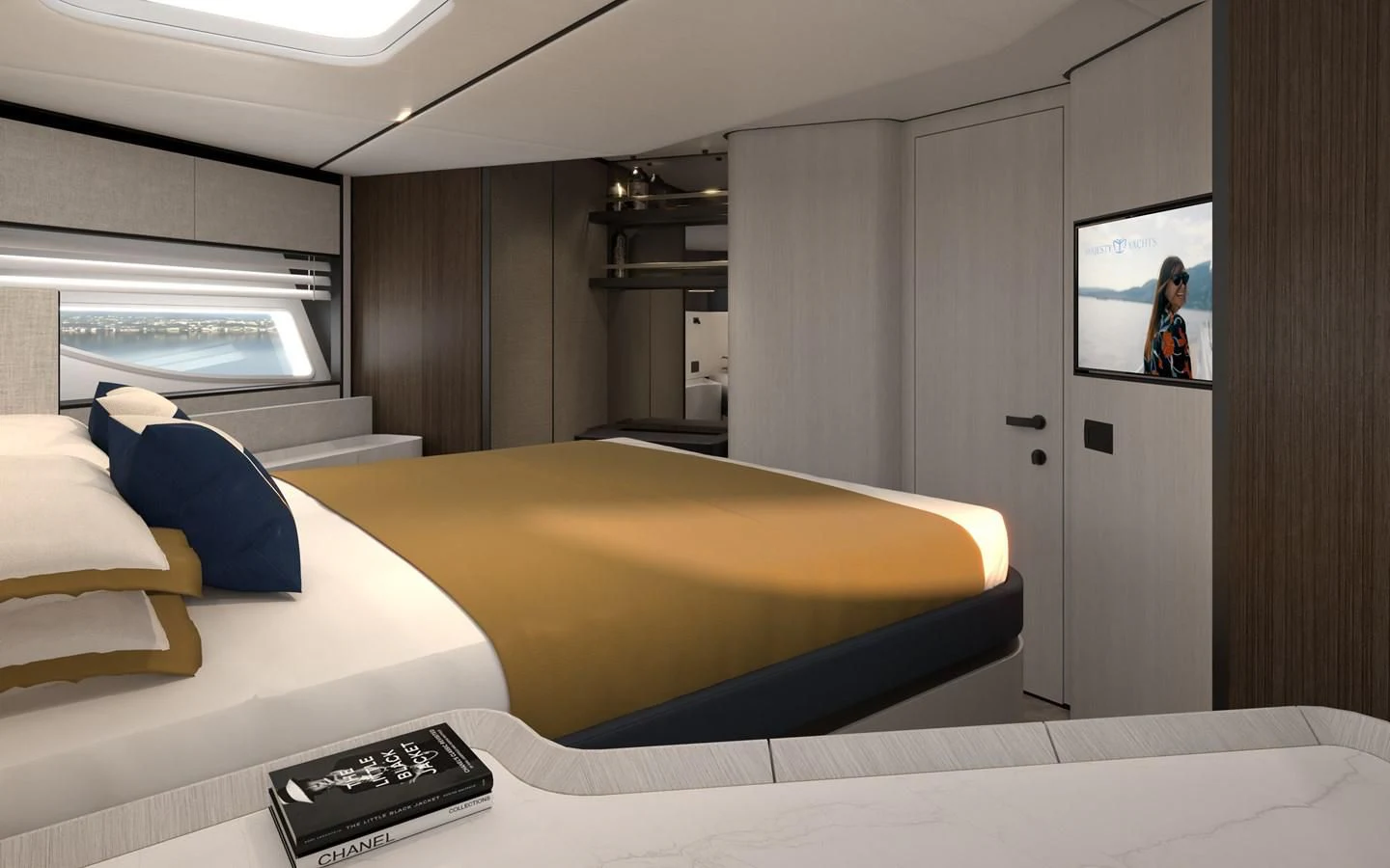 a bedroom with a bed and a tv aboard ALKHADRA Yacht for Charter