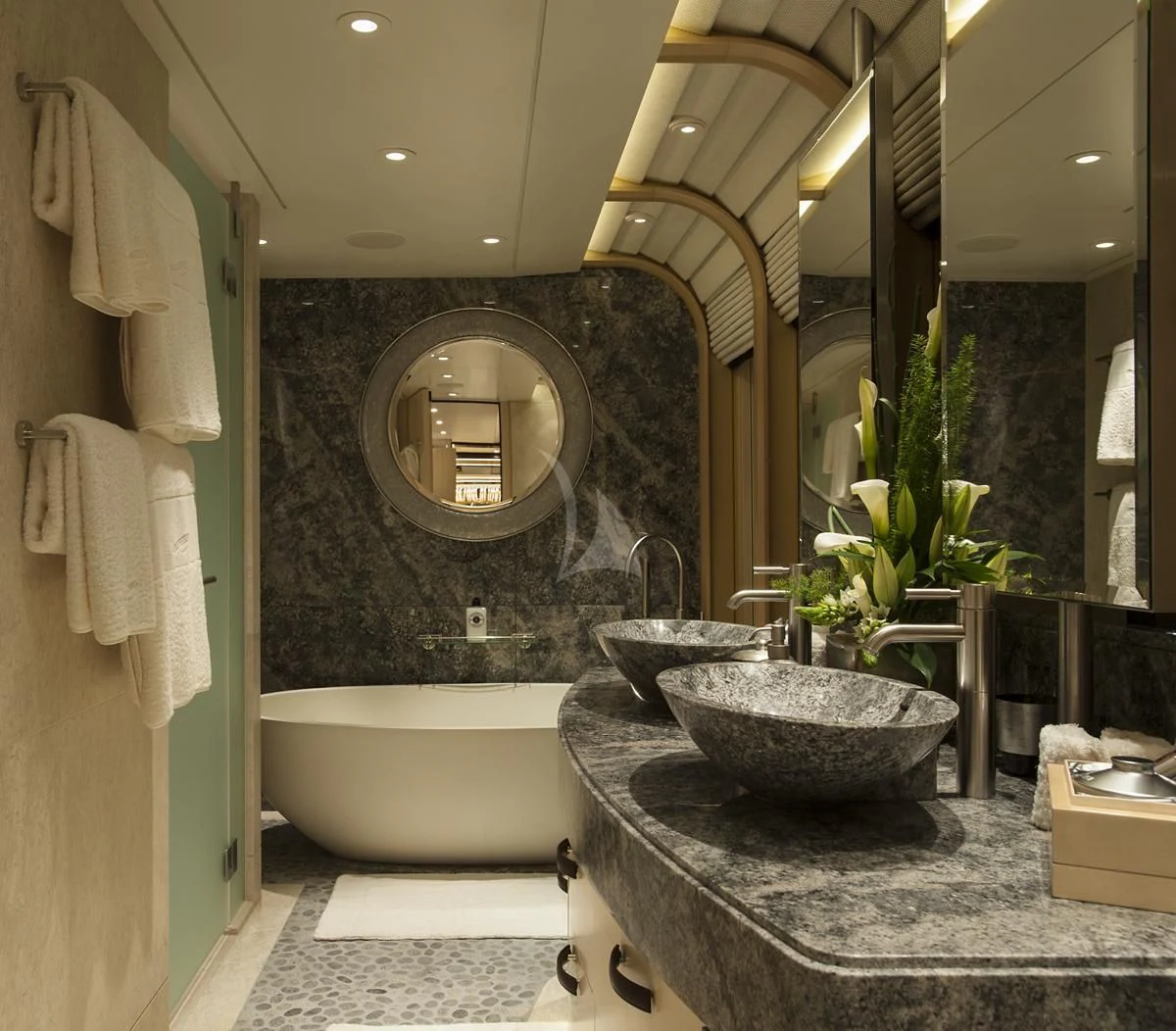a bathroom with a large marble sink aboard SEA RHAPSODY Yacht for Sale