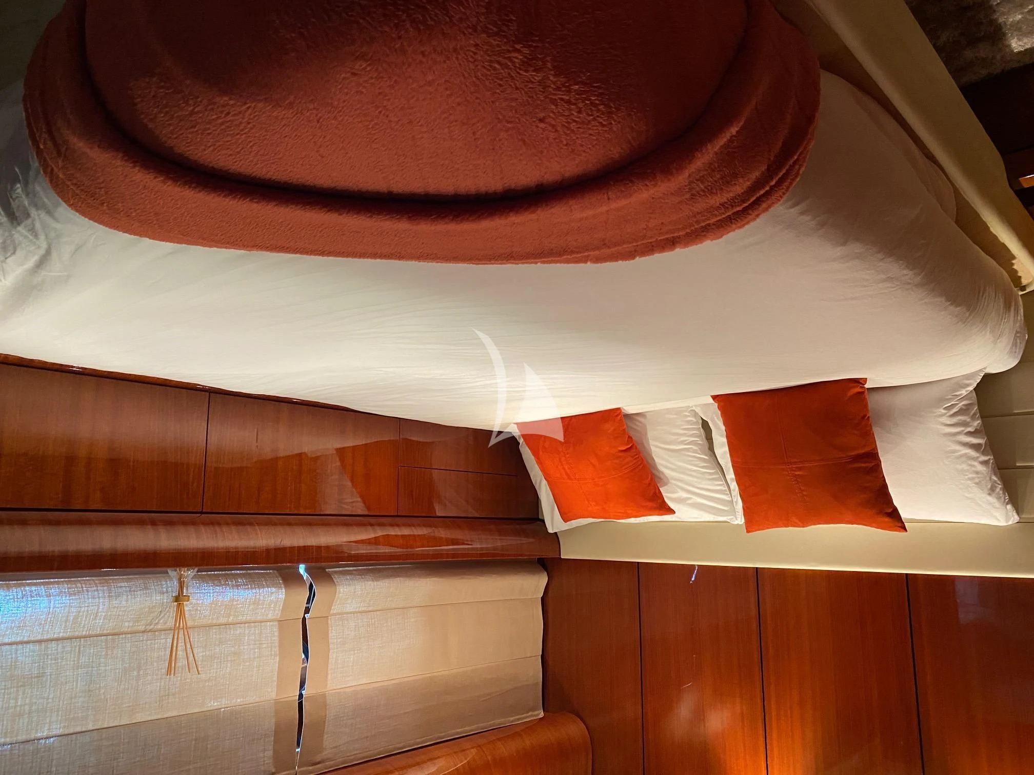 a close-up of a bed aboard NOTORIOUS Yacht for Sale