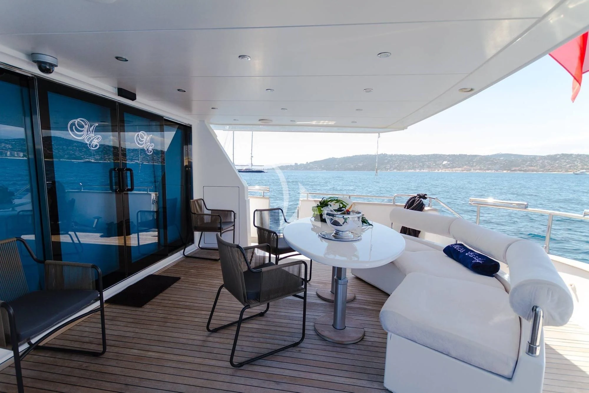 a room with a table chairs and a large window aboard MISS CANDY Yacht for Charter