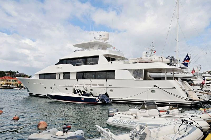a large white boat in the water aboard VIZIATA Yacht for Sale