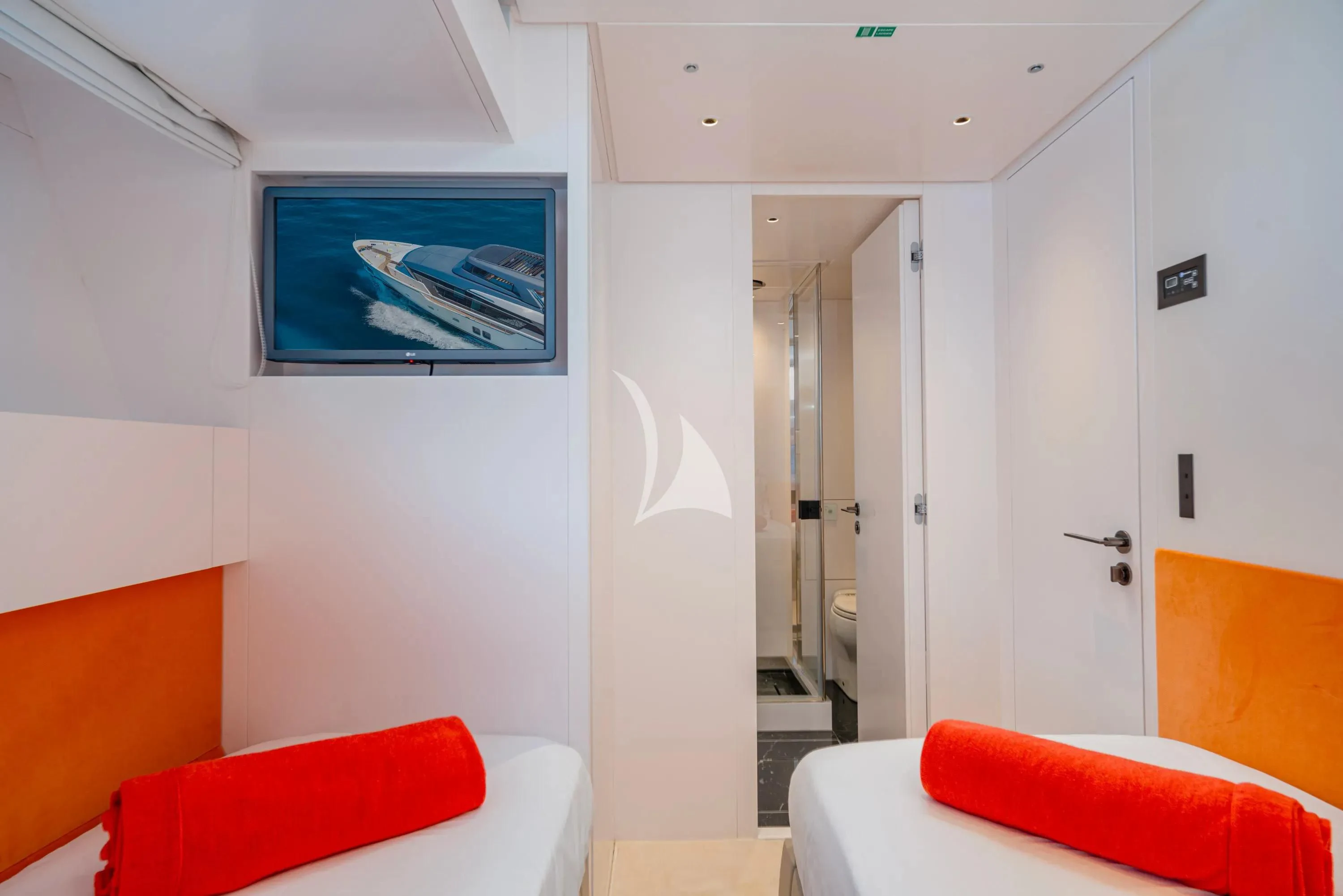 a room with a couch and a door aboard DANIDA Yacht for Charter